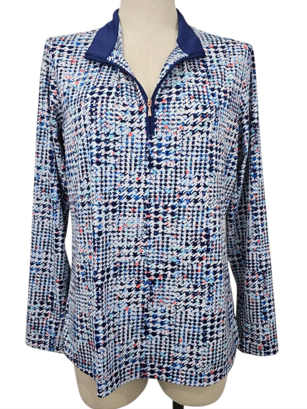 San Soleil Women's Houndstooth Golf Tennis Top Shirt Size L UPF 50 1/4 Zip